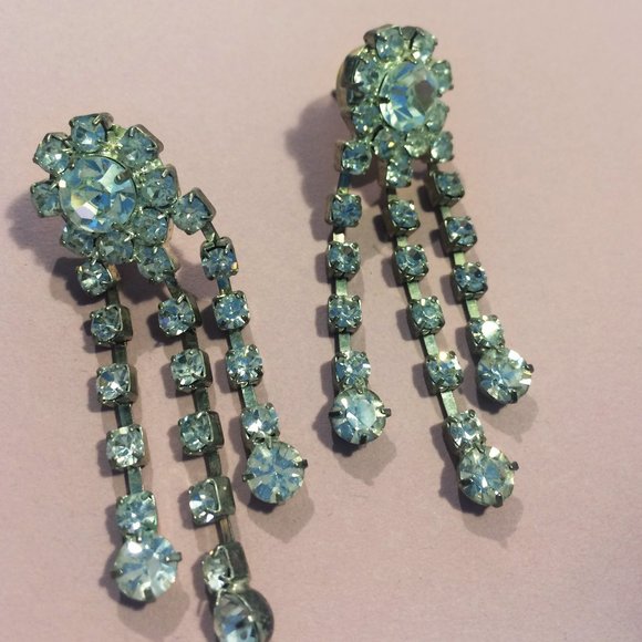 Silver Rhinestone Dangle Earrings Pierced - Picture 2 of 3